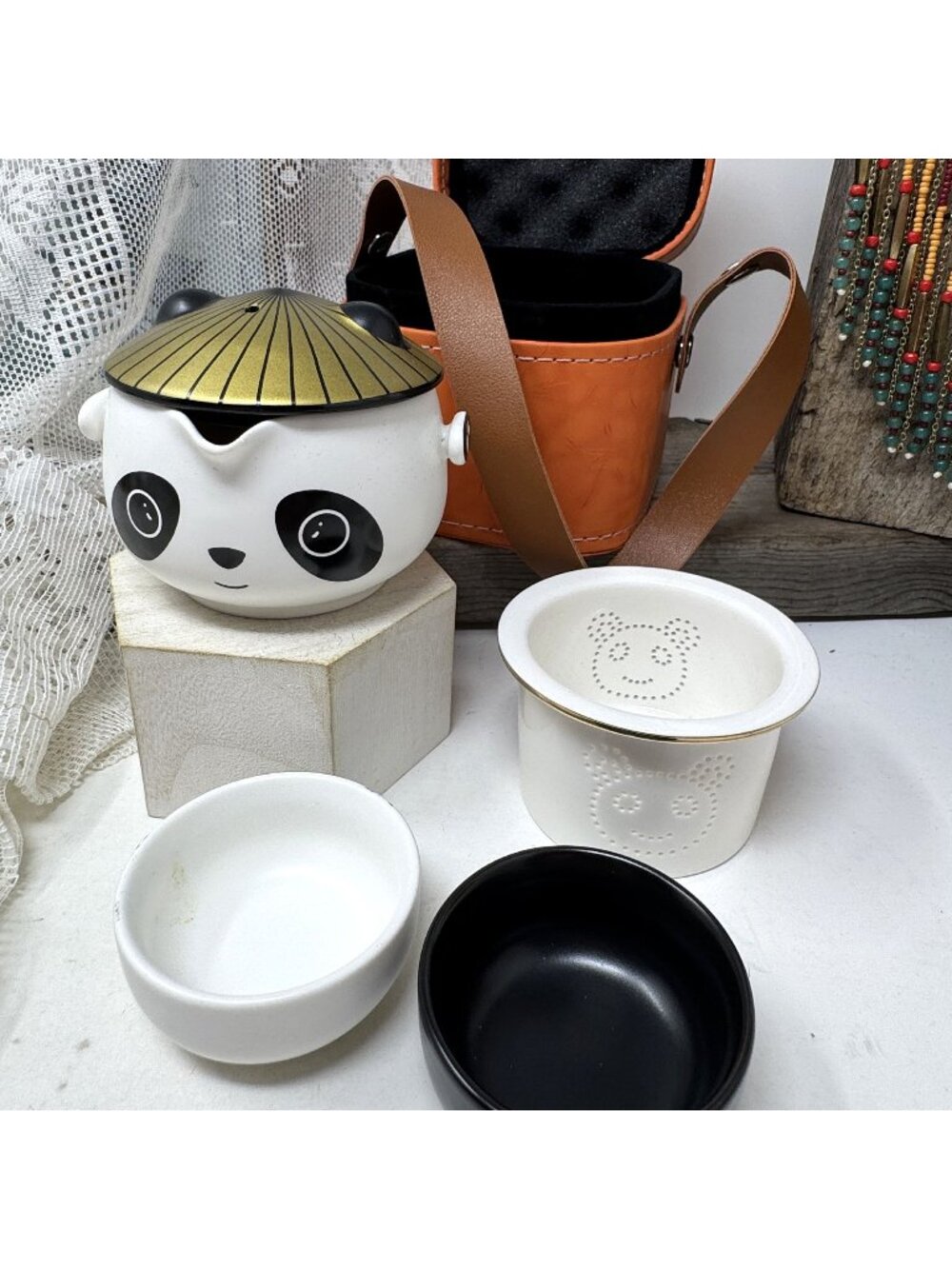 Panda Ceramic Tea Set With Carrying Case - Includes Teapot Infuser 2 Cups